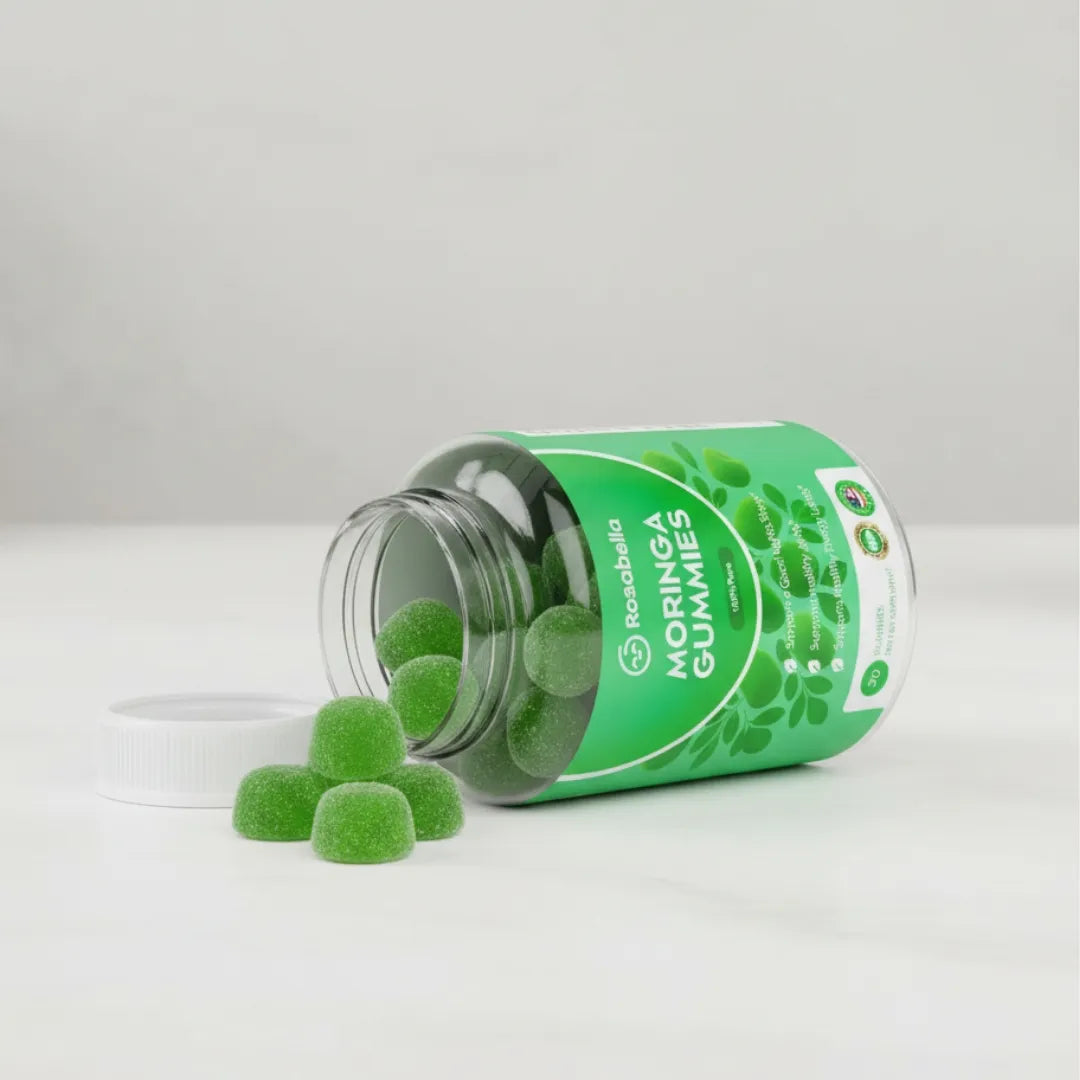 Rosabella-Moringa-Gummies-Bottle-On-The-Side-with-gummies-out.webp__PID:1226d251-fe14-478c-a90a-c8a48d585142