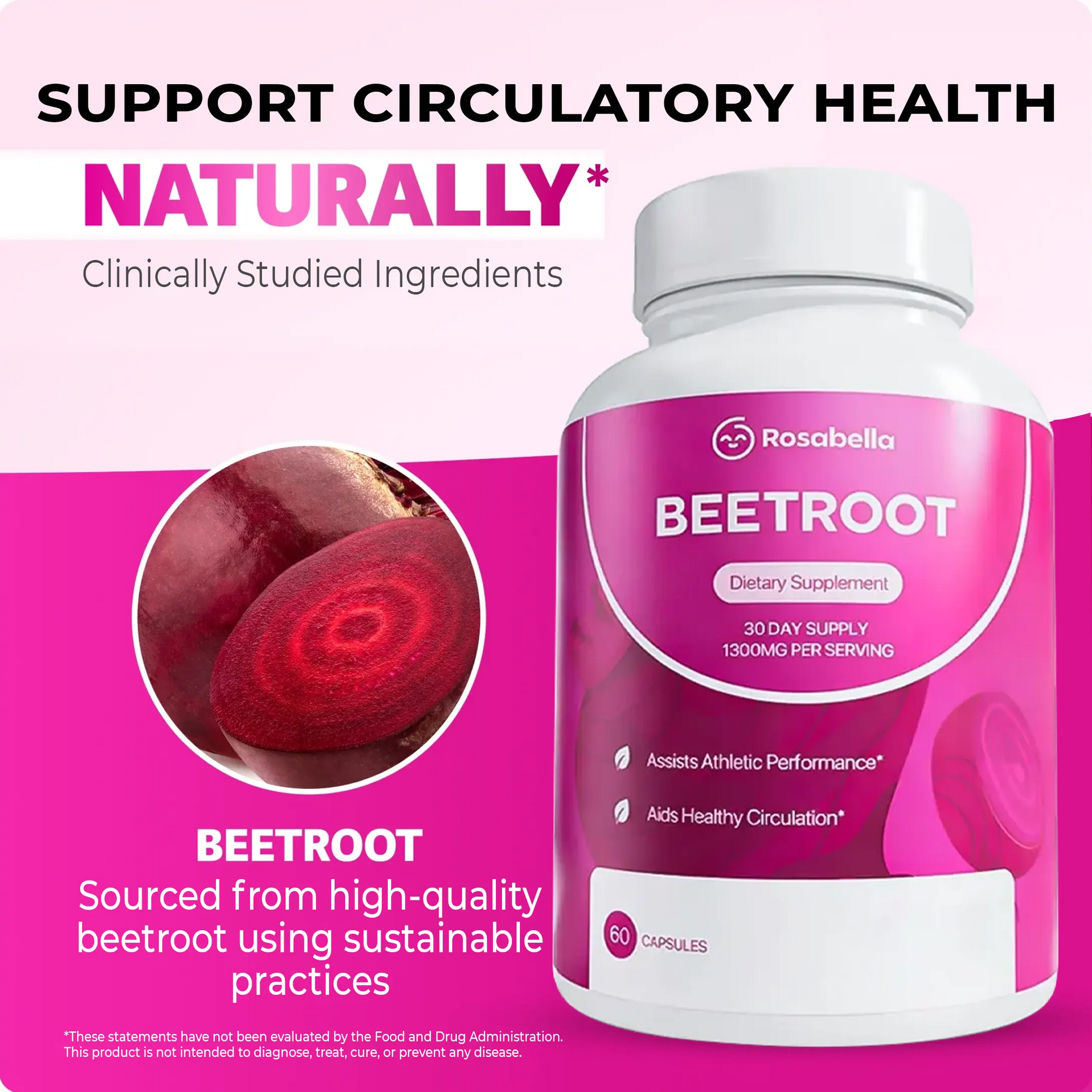 Rosabella Organic Beetroot Capsules (1300mg) for Blood Flow & Heart Health